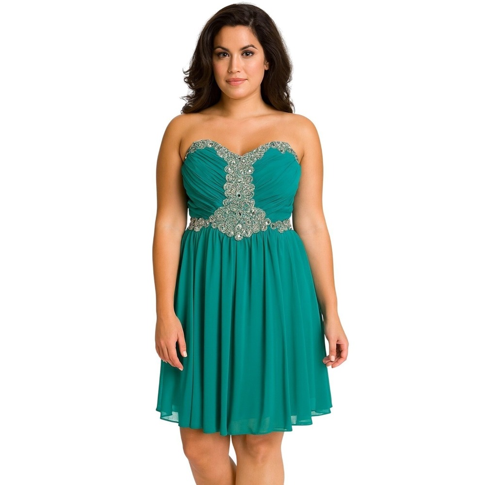 City Triangle Strapless HOCO Dress Size 11 Teal Beaded Rhinestone Party Cocktail